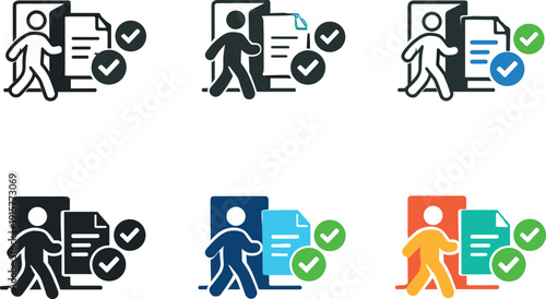Human resources onboarding symbol featuring a person entering a workspace with supportive document and approval cues,