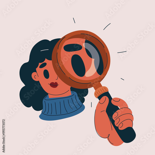 Cartoon vector illustration of a woman holding a magnifying glass and looking at the viewer, concept of search, investigation, analysis, and attention