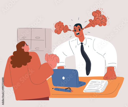 Cartoon vector illustration of a boss shouting at a subordinate with steam coming out of ears, concept of anger, workplace conflict, stress, and authority