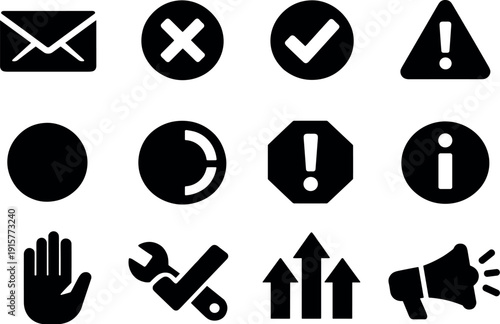 Collection of black vector icons representing common symbols and actions on a white background