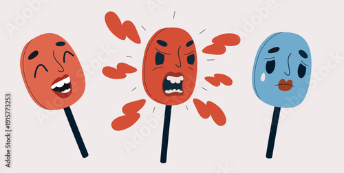 Vector illustration of theatrical masks showing angry, smiling, and crying expressions, concept of emotions, drama, and human feelings