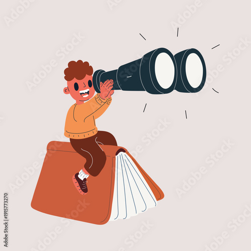 Cartoon vector illustration of a little boy flying on a book while looking through binoculars, concept of adventure, imagination, and exploration