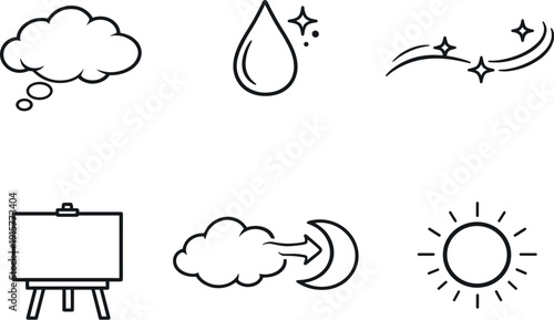 Line vector icons of a dream broadcasting onto a canvas in real time (sleep imagery flow): misty dream bubble, spark droplet,