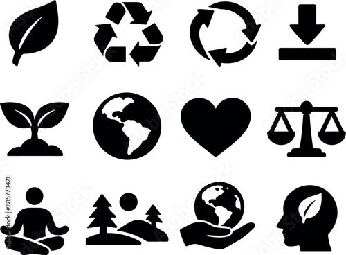 Eco Lifestyle Icons. Solid vector icons of eco lifestyle: leaf, recycle, reuse, reduce, sprout, earth, heart, balance, harmony,