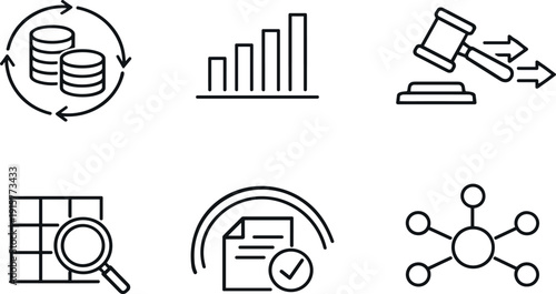Line style icons of acquisition workflow: pooled funding circle, contribution bar, bidding arrow, asset evaluation grid, purchase