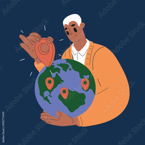 Cartoon vector illustration of a man placing a location marker on a globe, concept of global travel, geography, and exploration