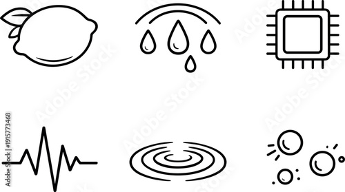 Line vector icons of lemon taste triggered by digital signal (signal-induced sourness): lemon outline, sour droplet arc, chip