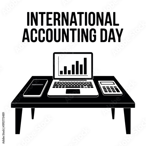 A black and white illustration celebrating International Accounting Day with office equipment