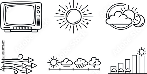 Line vector icons of old CRT monitor showing future weather (temporal meteorology): heavy CRT frame, tube-style screen, radiant