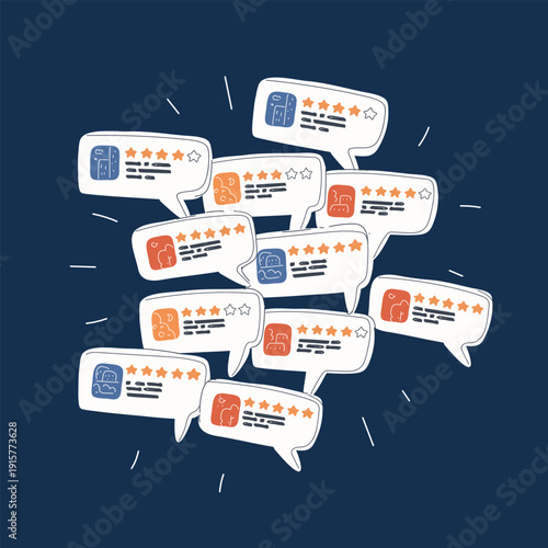 Cartoon vector illustration of a comic-style speech bubble containing ratings and a photo, concept of review, feedback, and social interaction