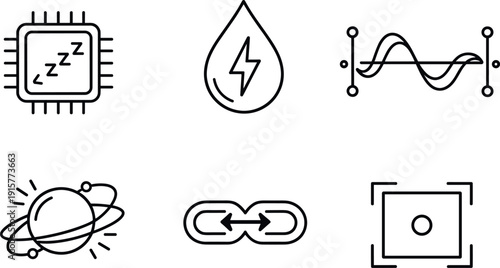 Compute Module Icons. Line style icons of compute-on-demand modules: dormant circuitry patch, activation-cue droplet,