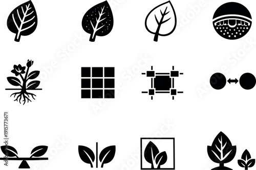 Solid vector icons of plant illustration components: vein, texture, contour, crosssection, diagram, grid, alignment, spacing,