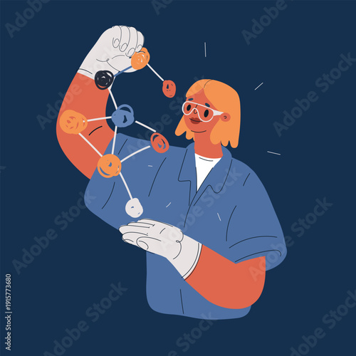 Vector illustration of a female scientist examining a molecule-like structure, concept of research, science, and discovery