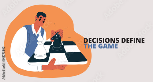 Cartoon vector illustration of a man playing chess on a chessboard, concept of strategy, thinking, and planning