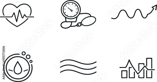 Line style icons of biometric monitoring: heart rate line, blood pressure gauge outline, temperature trend wave, oxygen