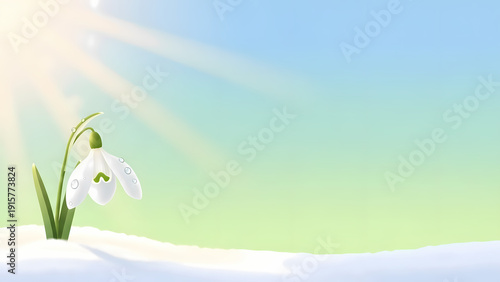 Delicate snowdrop flower blooming in soft snow under pastel sky with sun rays and water drops for spring rebirth concept and fresh nature illustration