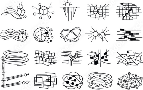 Line vector icons of a simulation bug breaking natural laws: gravity-glitch arcs, floating object nodes, inverted light rays,