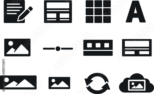Email Design Icons. Solid vector icons of email content creation: copy, layout, grid, typography, imageblock, divider, footer,