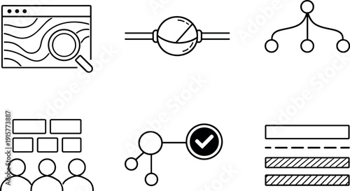 Line style icons of variable-truth retrieval: query contour panel, perspective filter bead, branching-info arc, audience-stream