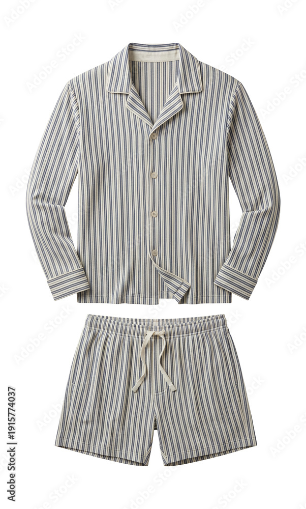 Obraz premium Striped jersey pajama set with button-up top and drawstring shorts