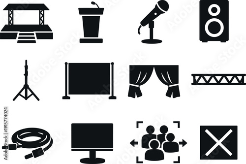 Solid vector icons of stage and space setup: stage, podium, microphone, speaker, stand, backdropframe, curtain, truss, cable,