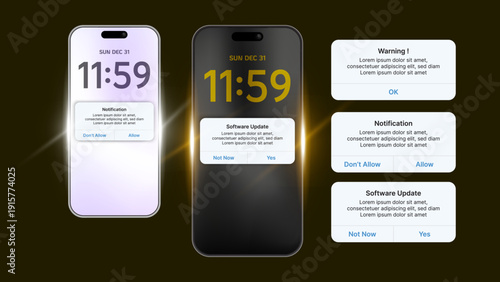 Modern Smartphone Notification Popup UI Set – Realistic Mobile Screen Mockup with Alert, Warning and Software Update Dialog Boxes, Dark and Light Mode Vector Illustration