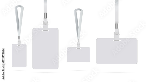 Blank ID Badge Mockup Set with Lanyard – Realistic Employee Name Tag Cards in Vertical and Horizontal Layouts, Isolated on Transparent Background Vector Illustration