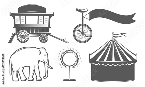 Circus icon set includes striped tent, elephant, circus wagon, fire hoop and unicycle. Great for carnival or vintage festival design. Vector illustration