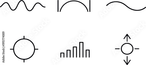 Line style icons of breath-synced audiovisual patterns: breathing wave, inhale arc, exhale curve, pulse ring, rhythm indicator,