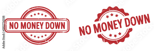 red grunge no money down stamps with stars on white background, distressed promotional badge collection for sale banners, discount labels, and marketing design elements.