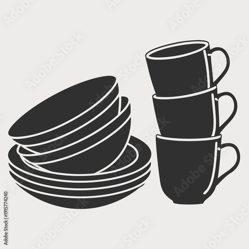 Minimalist flat vector silhouette of stacked bowls and coffee mugs, black and white kitchenware icons.