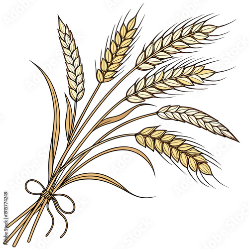  Realistic hand-drawn wheat ears vector illustration, detailed botanical grain for agriculture and bakery.