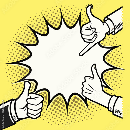 Classic pop art yellow background with blank comic speech bubble and expressive hand gestures, vintage halftone style.