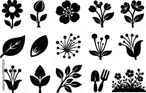 Solid vector icons of blooming plants: flower, bud, blossom, stem, leaf, petal, pollen, stamen, pistil, sepal, branch, garden, No