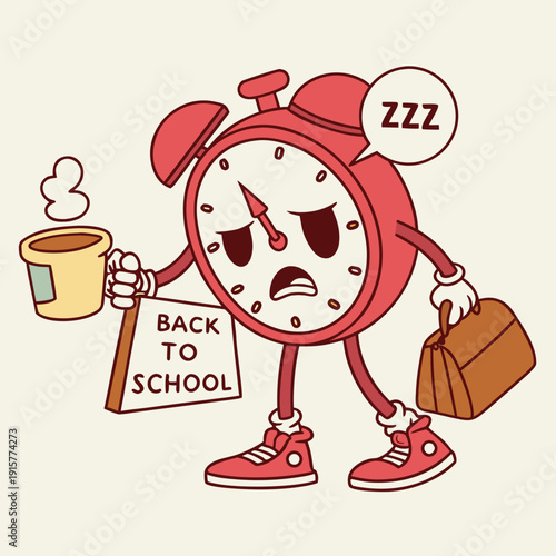 Humorous grumpy red alarm clock holding back to school sign and coffee cup, funny cartoon character.