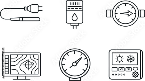 Line style icons of thermal monitoring tools: temperature probe, humidity sensor, flow gauge, thermal map panel, pressure