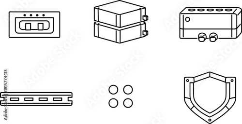 Line style icons of modular energy banks: connector slot, stackable cell block, distribution manifold, status interface dot,