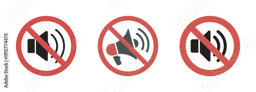 No sound red prohibition sign, ban volume icon, flat design