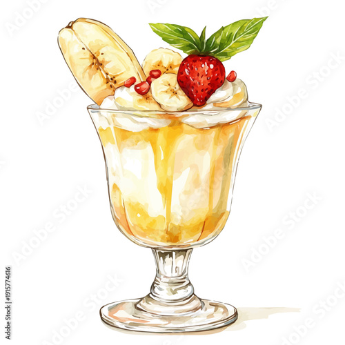 Banana Foster A Beautifully Detailed, watercolor painting capturing graceful lines and soft blended shades, isolated on a white background.