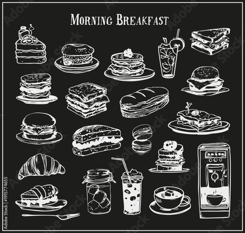 Hand drawn coffee cups, pastry, morning meals, croissant, cappuccino, sandwich. Doodle for cafe menu. Vector set Morning Breakfast Hand Drawn Food Illustration Set in Vintage Sketch Style