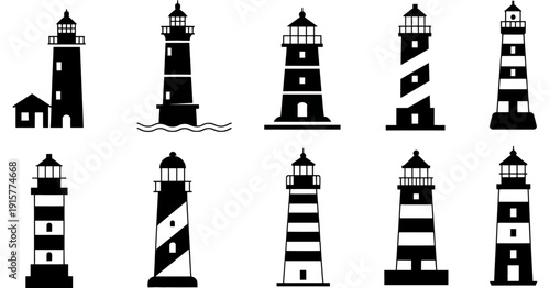 lighthouse silhouettes collection featuring classic coastal navigation towers in various architectural styles, isolated on white background for maritime design projects, nautical graphics, and coastal