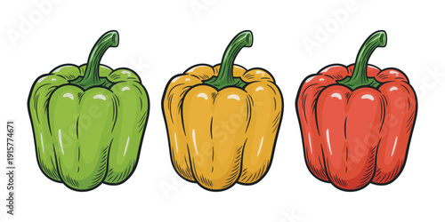 Cartoon Vector Bell Pepper Vegetables. Bell Pepper Clipart, Bell Pepper Vector. Green Yellow Red Capsicum Set. Cute Cartoon Food Icon., Kitchen Ingredient Illustration Isolated