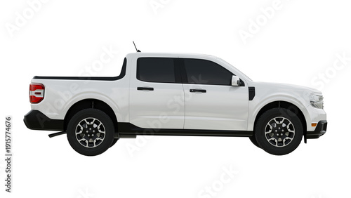 Modern compact white crew cab pickup truck of model year for lifestyle and utility with all wheel drive system versatile light commercial vehicle on transparent background isolated 3d rendering.