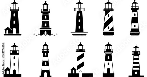 lighthouse silhouettes collection featuring classic coastal navigation towers in various architectural styles, isolated on white background for maritime design projects, nautical graphics, and coastal