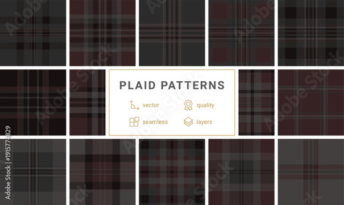 Sophisticated dark grey tartan pattern featuring subtle red accents. This timeless plaid design offers a classic masculine aesthetic for fashion, textiles, and elegant web backgrounds.