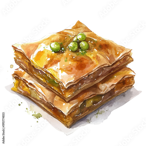 Baklava A Beautifully Detailed, watercolor painting capturing graceful lines and soft blended shades, isolated on a white background.