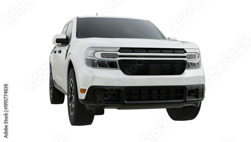 Modern compact white crew cab pickup truck of model year for lifestyle and utility with all wheel drive system versatile light commercial vehicle on transparent background isolated 3d rendering.