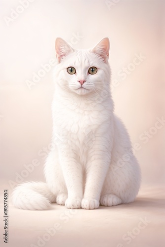 White cat sitting calmly on soft pastel background