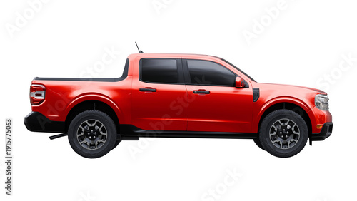 Modern compact red crew cab pickup truck of model year for lifestyle and utility with all wheel drive system versatile light commercial vehicle on white background isolated 3d rendering.