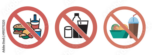 Restricted food and beverage area signs with various snacks and cups